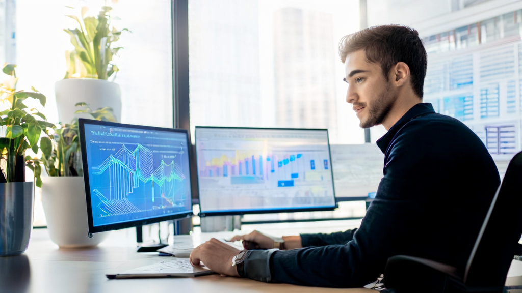 办公室中的创业者使用AI客户预测模型进行数据分析