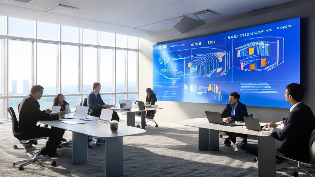 办公室内员工使用AI客户预测模型分析数据，优化外贸企业营销策略