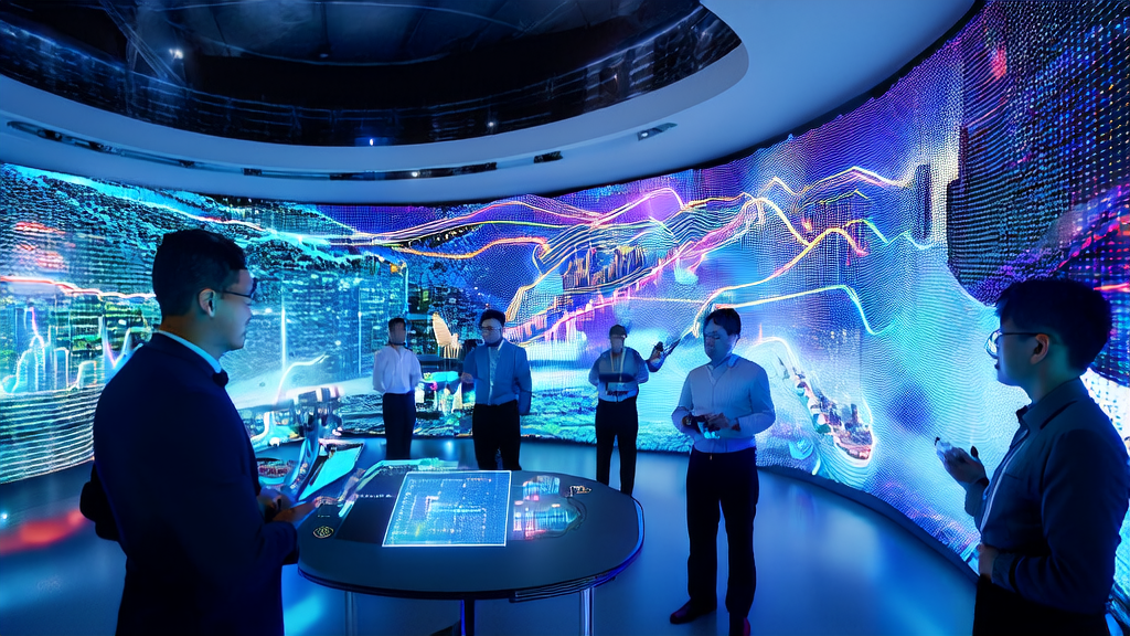 In a high-tech control room of a future city, analysts use AI customer prediction models to analyze customer behavior and optimize acquisition paths.