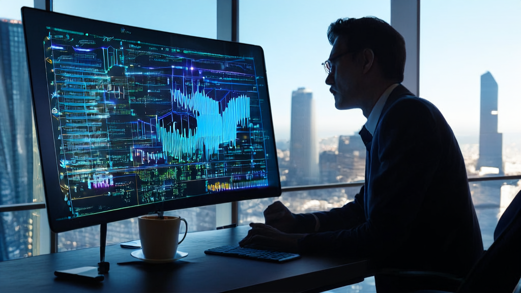 Data analyst using AI customer prediction model in an urban office setting