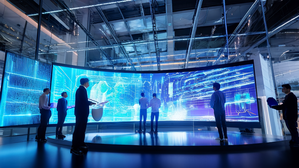 Modern office in a futuristic tech city showcasing AI customer prediction model and real-time data analysis by Kosmos platform