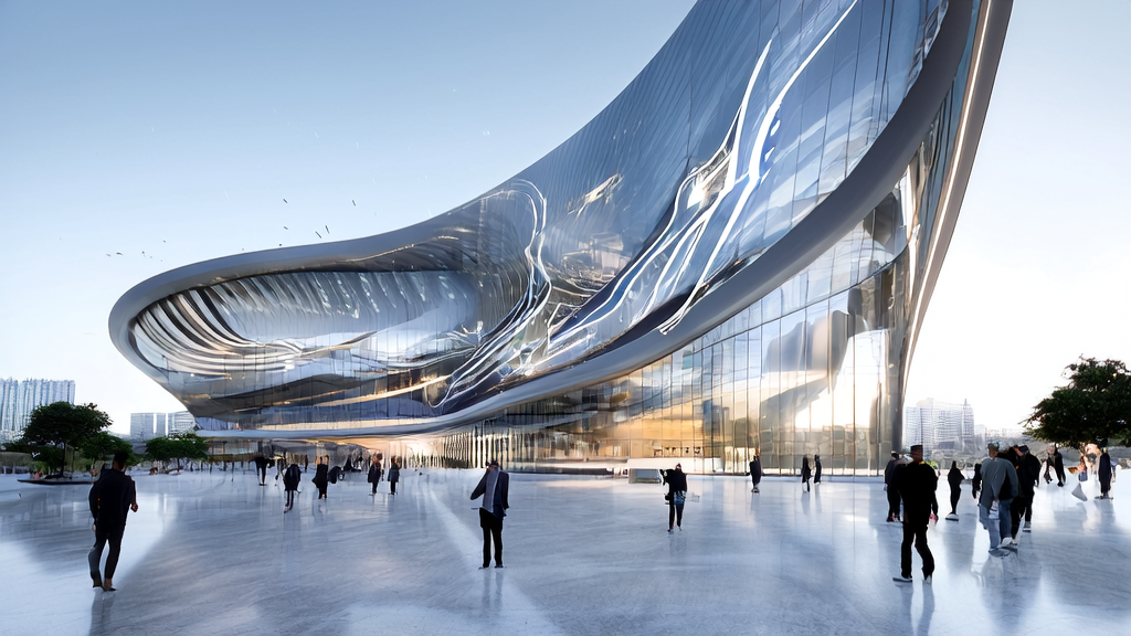 High-tech office building in a futuristic city showcasing Ling Guang App and its AI customer prediction model