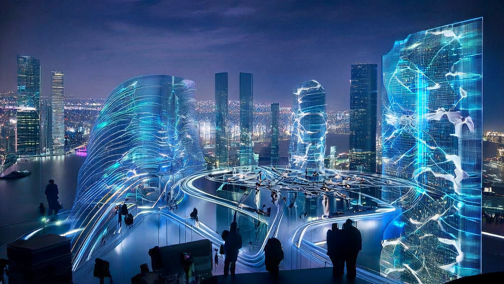 未来城市的办公场景，展示AI客户预测模型的应用，包括数据科学家的工作、智能机器人和无人机的支持。