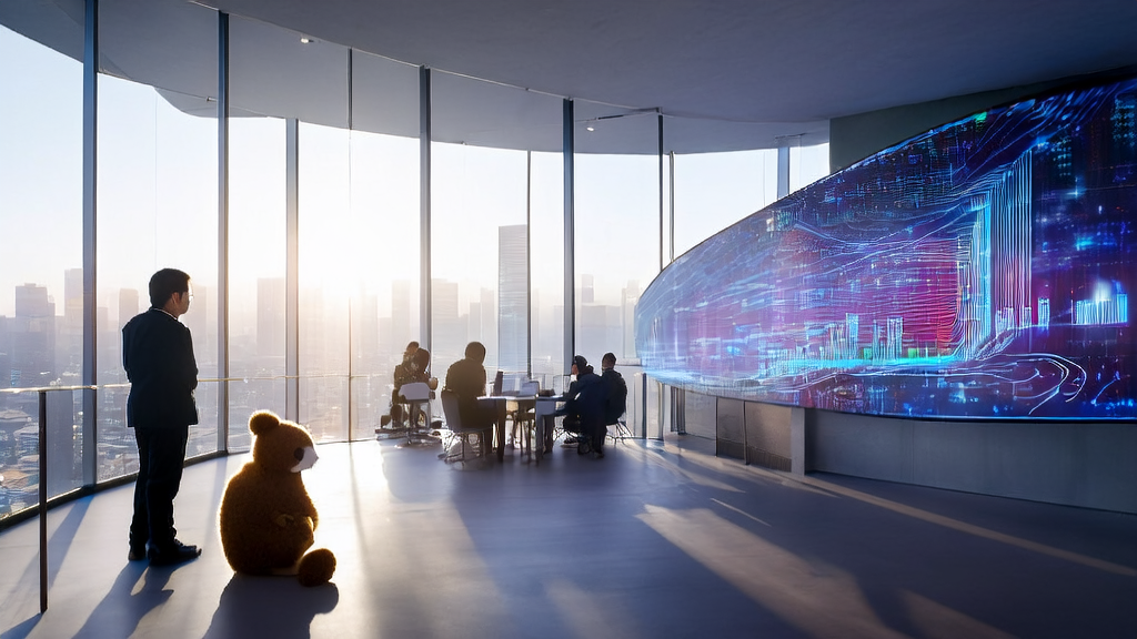 Employees in a modern office are analyzing data using an AI customer prediction model, with a wool felt panda wearing a wide-brimmed hat in the corner.