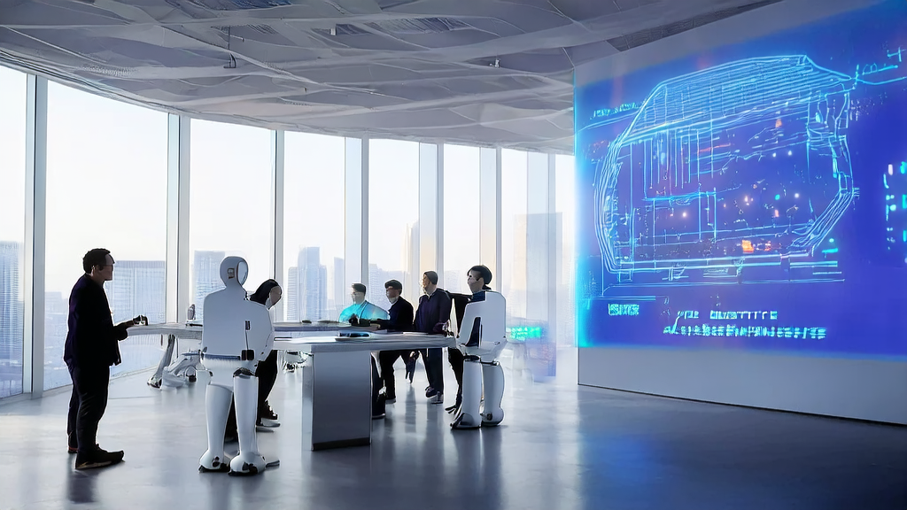 办公室内工程师们正在调试具备最新交互控制技术的机器人，背景墙展示AI客户预测模型的数据分析结果。