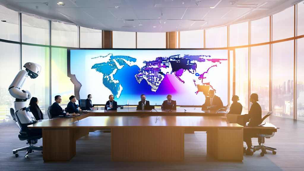 展示AI客户预测模型在现代化办公环境中的应用,团队讨论如何精准获客并减少无效投入