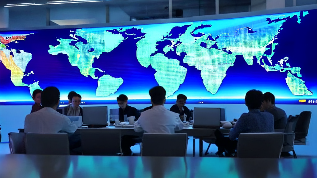 现代化办公室中,分析师们使用AI客户预测模型分析全球客户数据