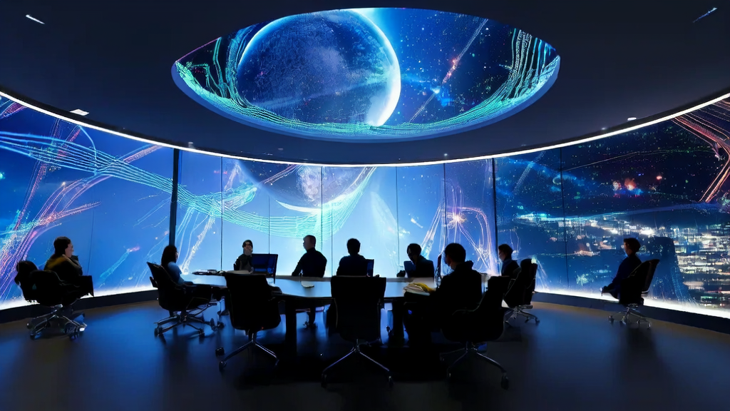 在现代化办公楼的会议室中，团队成员正在讨论如何利用AI客户预测模型和Kimi Linear架构实现精准获客。