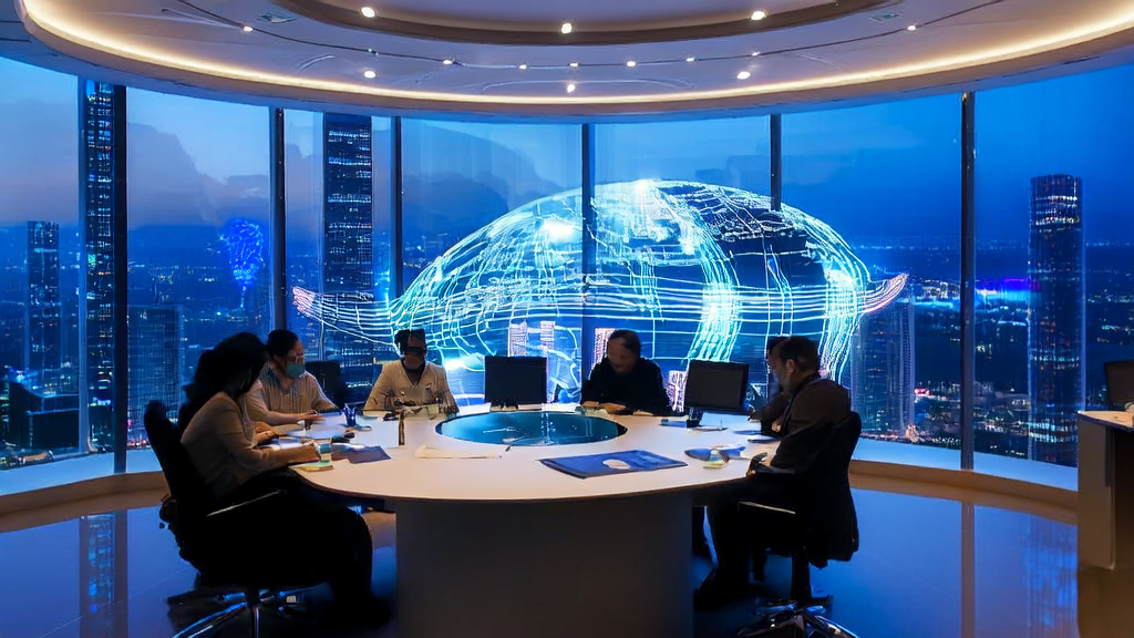 Data scientists in a futuristic city using AI customer prediction models to optimize cross-border e-commerce strategies