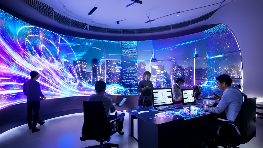 未来感办公室内程序员们讨论AI客户预测模型，背景为城市夜景和软银增资OpenAI海报