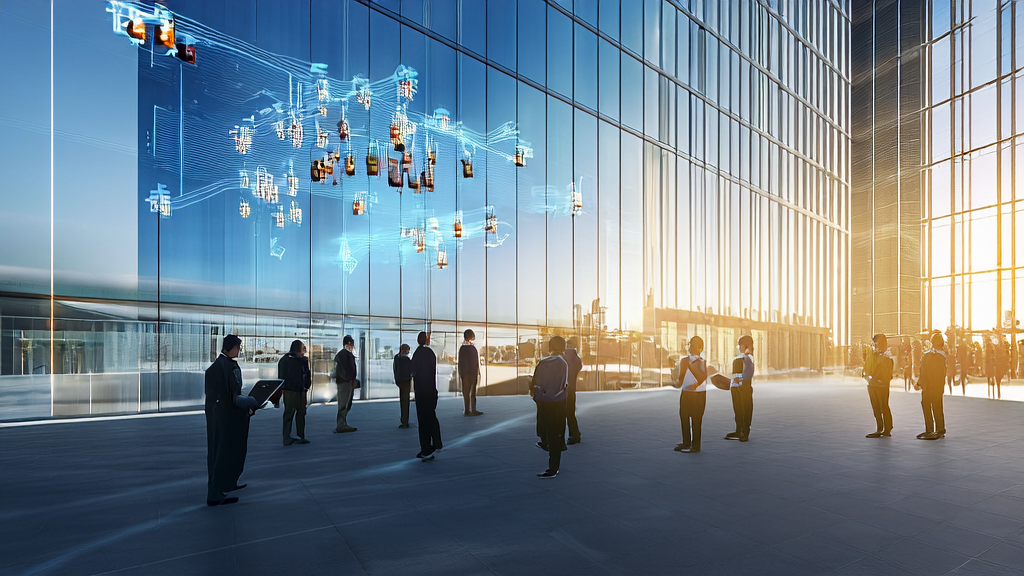 未来城市中，技术人员围绕AI客户预测模型进行讨论，无人机传递个性化邮件包裹