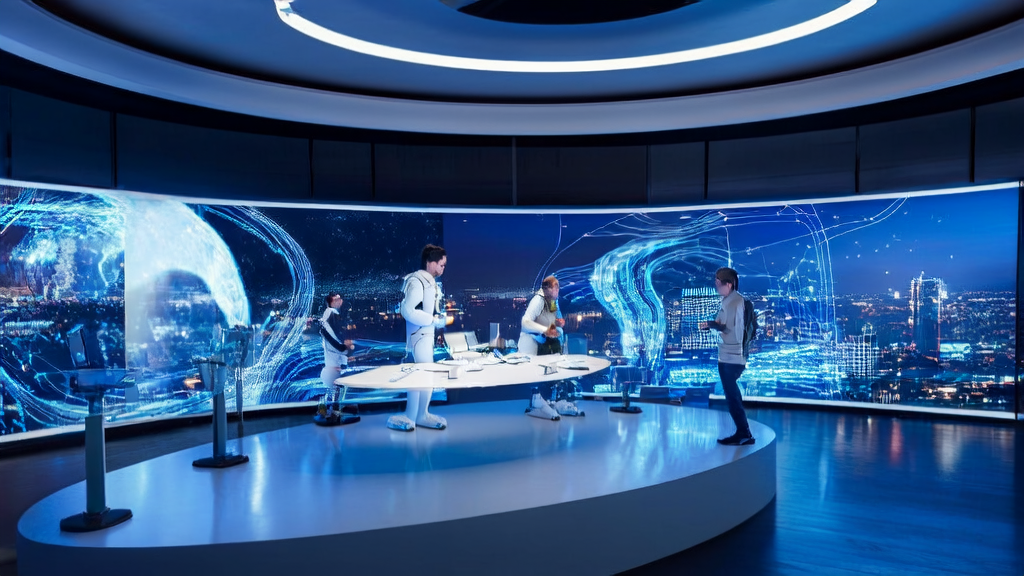 A futuristic office where a team discusses the application of AI customer prediction models and Tencent's Mix Yuan 2.0