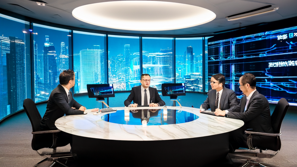 AI客户预测模型引领广告投放新趋势:会议室内高管们正在讨论如何通过AI优化广告投放策略,降低CPA并提高营销效果。