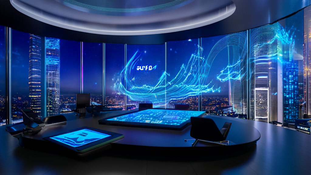 未来科技办公室内展示AI客户预测模型和阿里巴巴1688跨境AI智能体“遨虾”，背景为繁华都市夜景