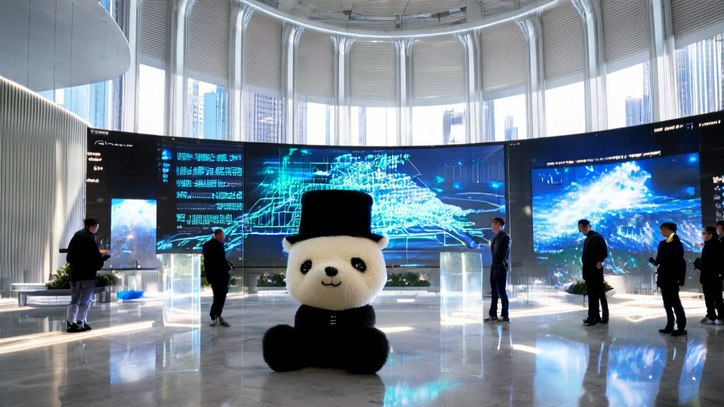 未来城市的科技公司中，工程师们正通过AI客户预测模型进行高效获客和个性化邮件营销，阳光透过落地窗照亮了摆有羊毛毡大熊猫的工作大厅。