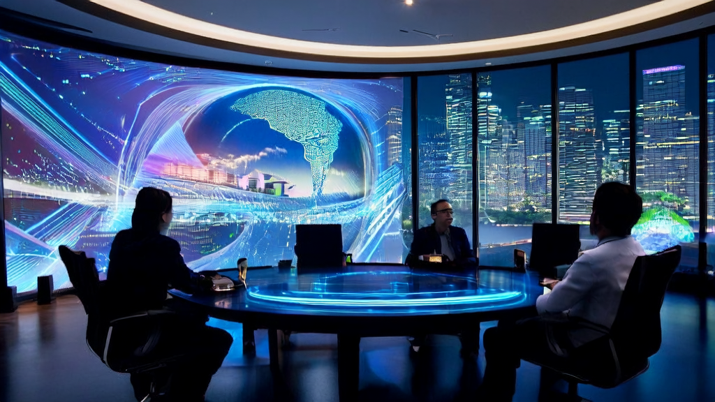 未来办公室内的分析师们正在使用AI客户预测模型分析全球市场数据，窗外是繁华的城市夜景。