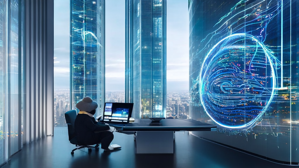 未来城市中的高科技办公楼内，AI客户预测模型通过分析全球市场数据，帮助企业精准筛选优质客户，推动跨境电商增长。