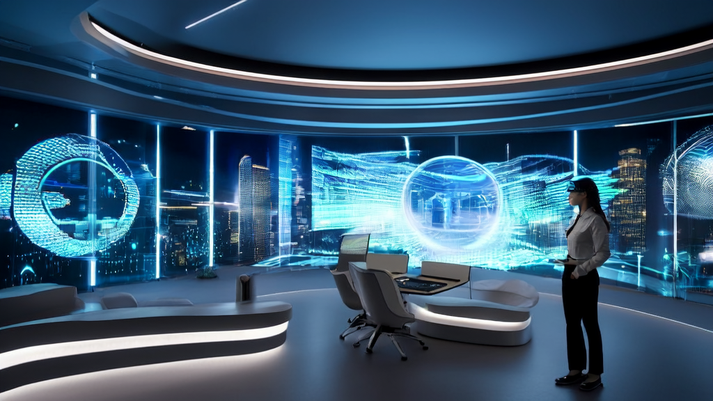 A young entrepreneur in a futuristic office uses an AI customer prediction model to analyze global market data and generates personalized marketing videos with KlingAI Avatar 2.0