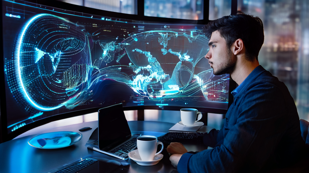 Young entrepreneur analyzing customer data using AI prediction model to optimize cross-border e-commerce marketing strategies