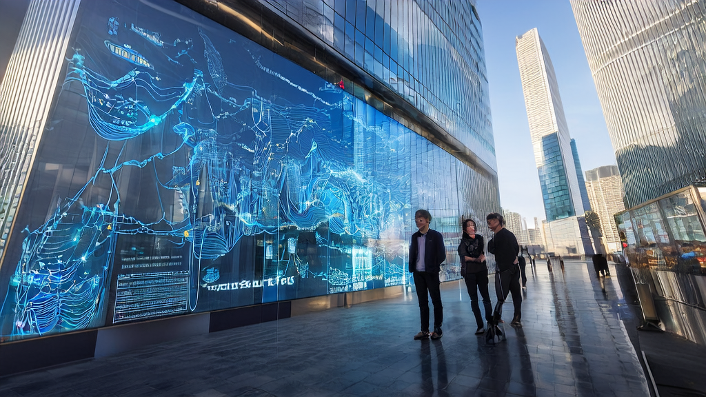 未来城市的商业区中,一位创业者正在查看AI客户预测模型的数据分析和Sora路线图的重大更新。