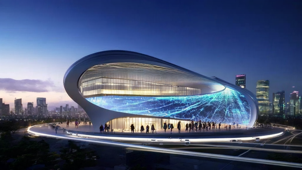 AI客户预测模型引领跨境电商精准营销新趋势，背景为现代化办公楼和未来城市天际线