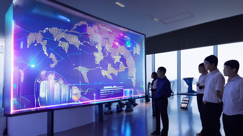 Tech professionals discussing AI customer prediction model in a futuristic office with a world map highlighting key cross-border e-commerce markets