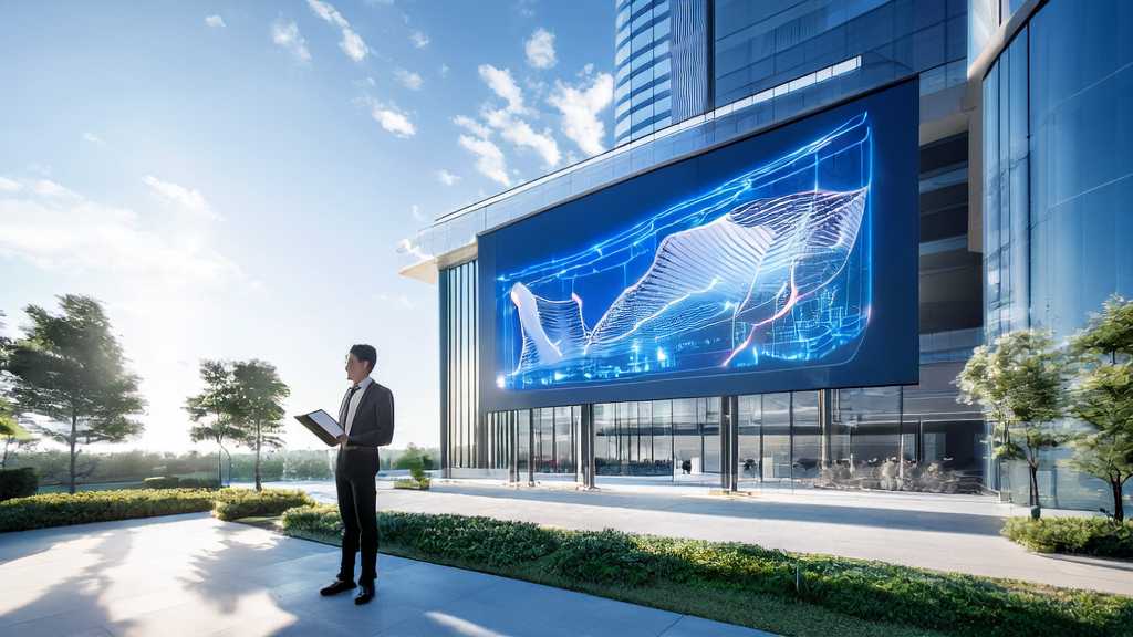 AI customer prediction model showcased in a modern office park, with an entrepreneur holding a tablet and Google Magika 1.0 accuracy data displayed on a large screen