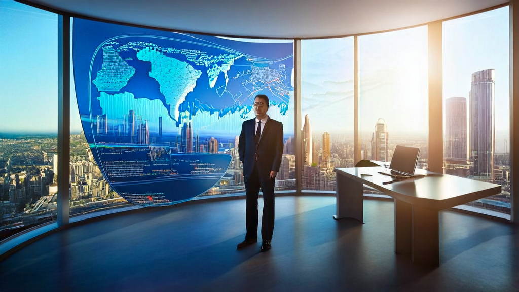 外贸企业高管在现代化办公室中查看AI客户预测模型，阳光照耀，象征新的希望和机遇。