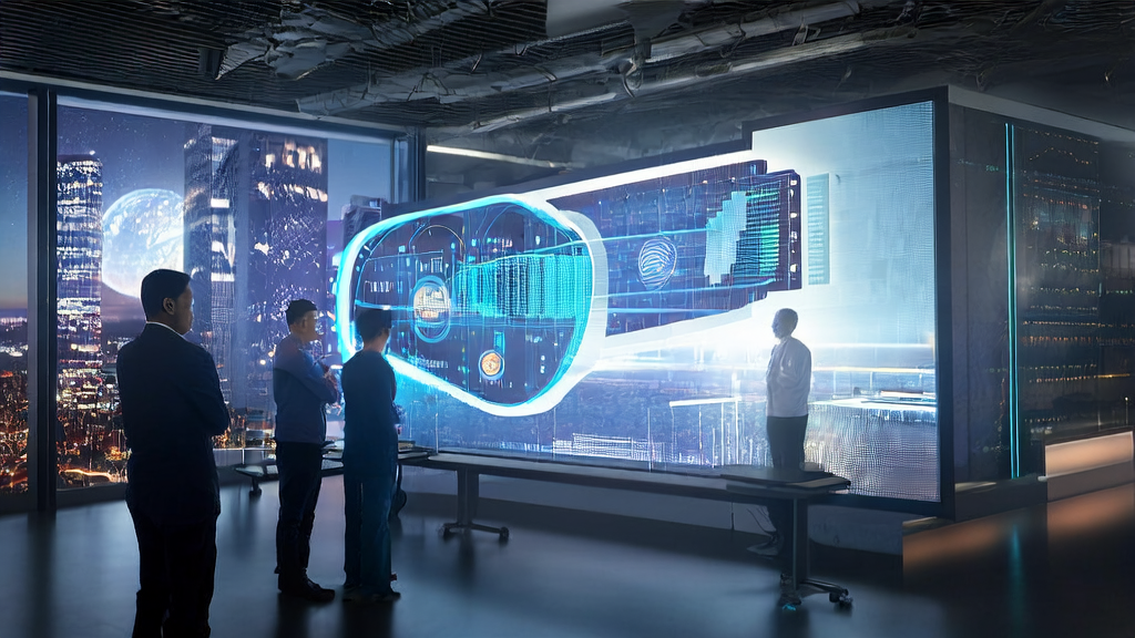 Data scientists discussing AI customer prediction model in a modern office