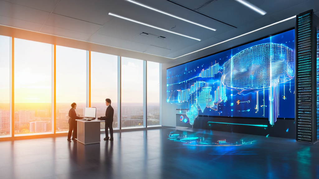 现代化办公室中技术人员正在分析AI客户预测模型的数据