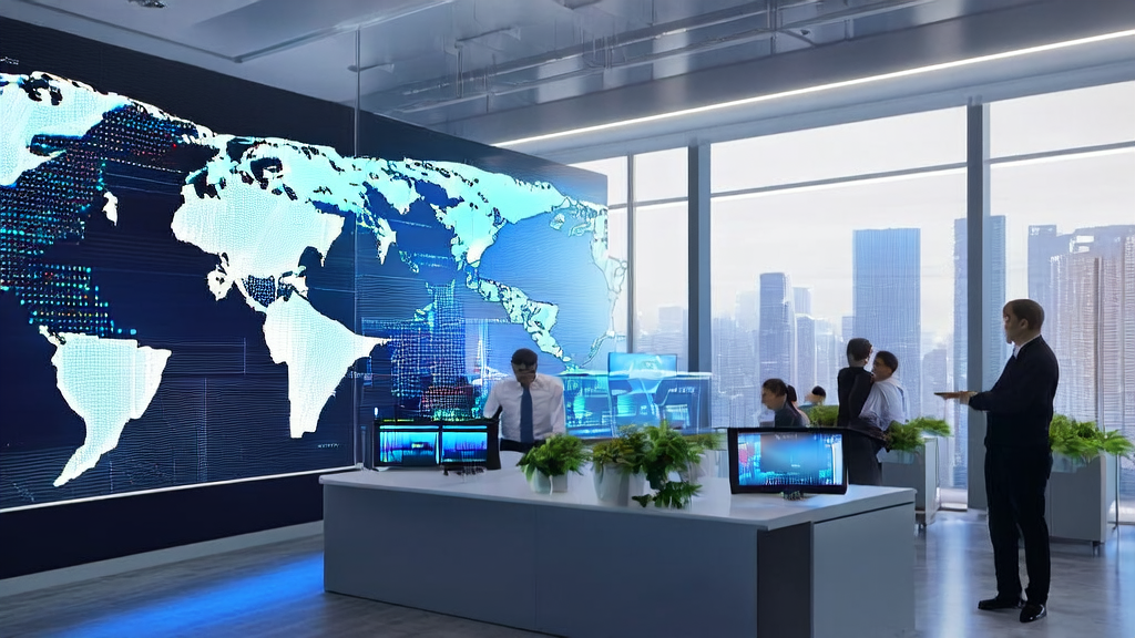 在充满科技感的现代办公室中，数据分析师们正使用AI客户预测模型进行数据分析