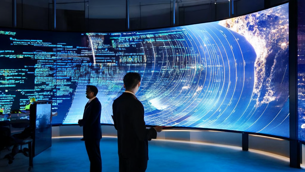 未来感办公室中，分析师使用昆仑万维SkyReels V3模型进行客户预测分析