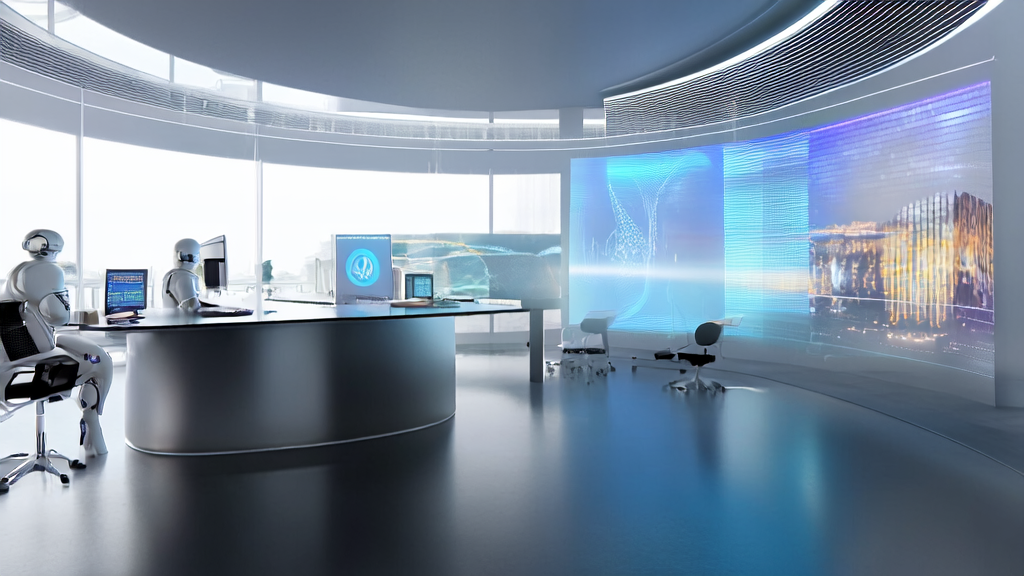 A data scientist analyzing AI customer prediction model data in a modern office with city skyline in the background