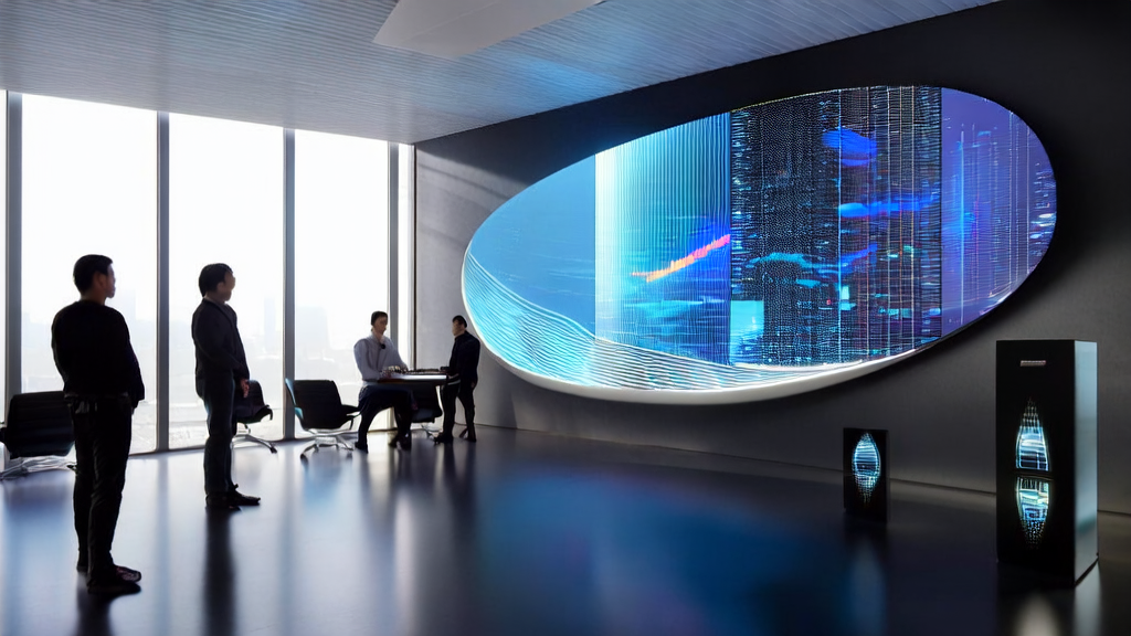 Employees monitoring data streams of AI customer prediction model on smart screens in a modern office