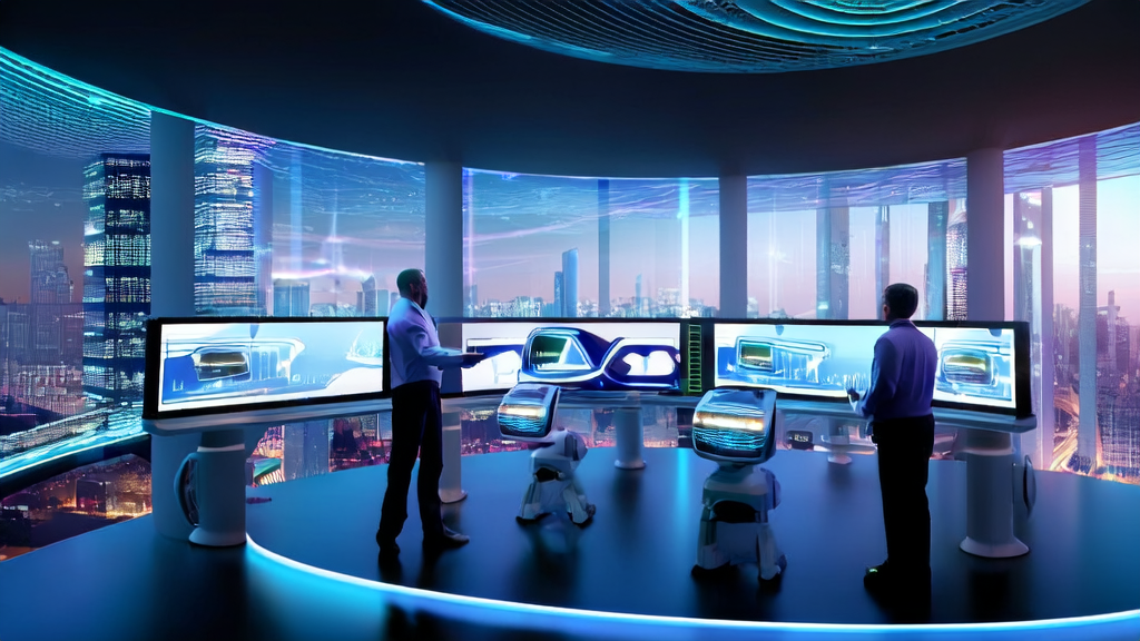 Staff using AI customer prediction model for precise client selection in a futuristic office