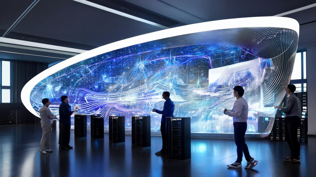 A futuristic office where programmers are discussing the AI customer prediction model, with sunlight streaming through large windows