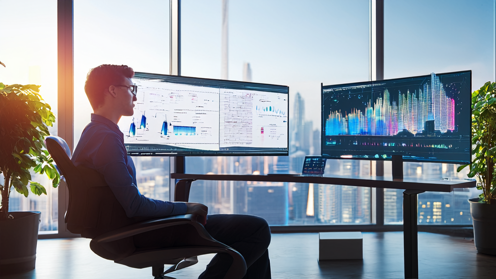 Young entrepreneur analyzing data with AI customer prediction model in a modern office