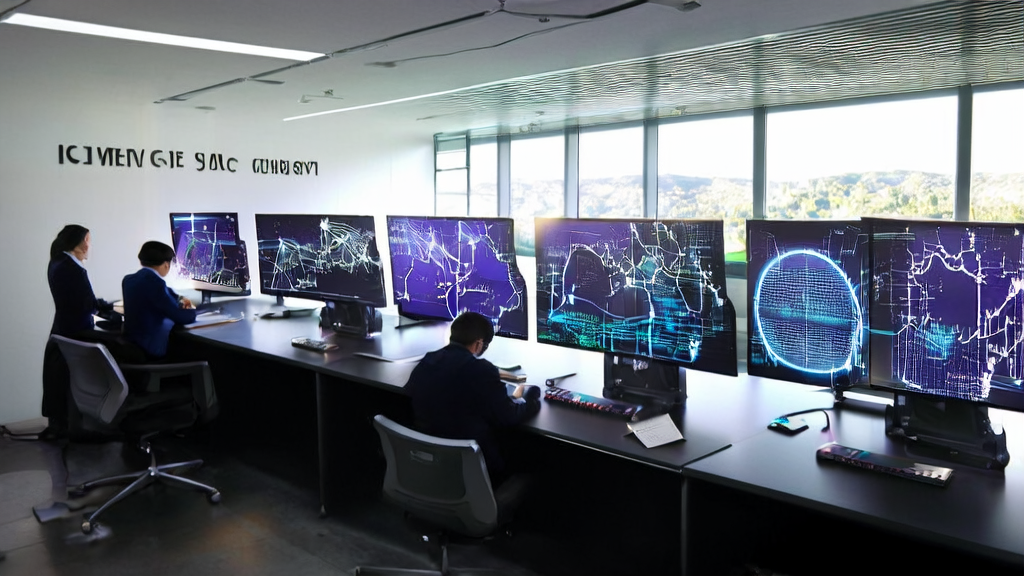 A modern office bathed in sunlight, where engineers are analyzing data from an AI customer prediction model, with a focus on the collaboration between Broadcom and Anthropic.