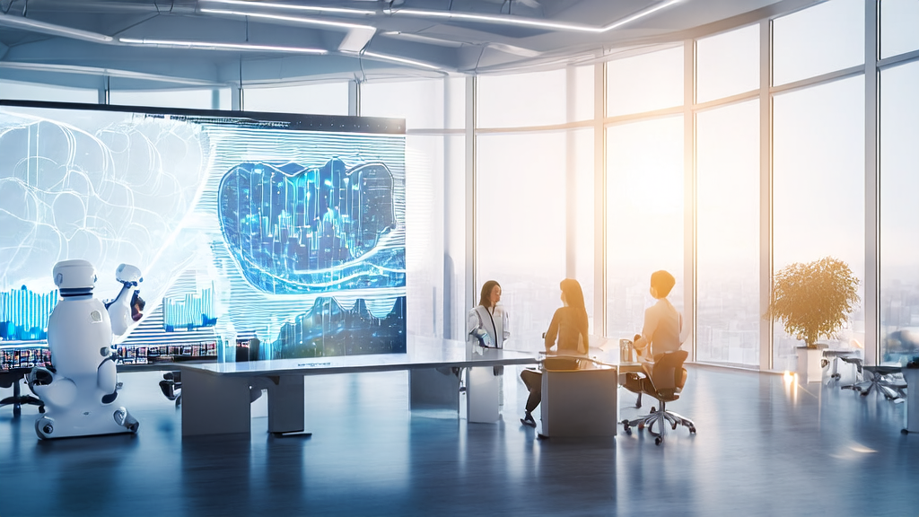 A modern office bathed in sunlight where employees are using AI customer prediction models for data analysis and market strategy development.