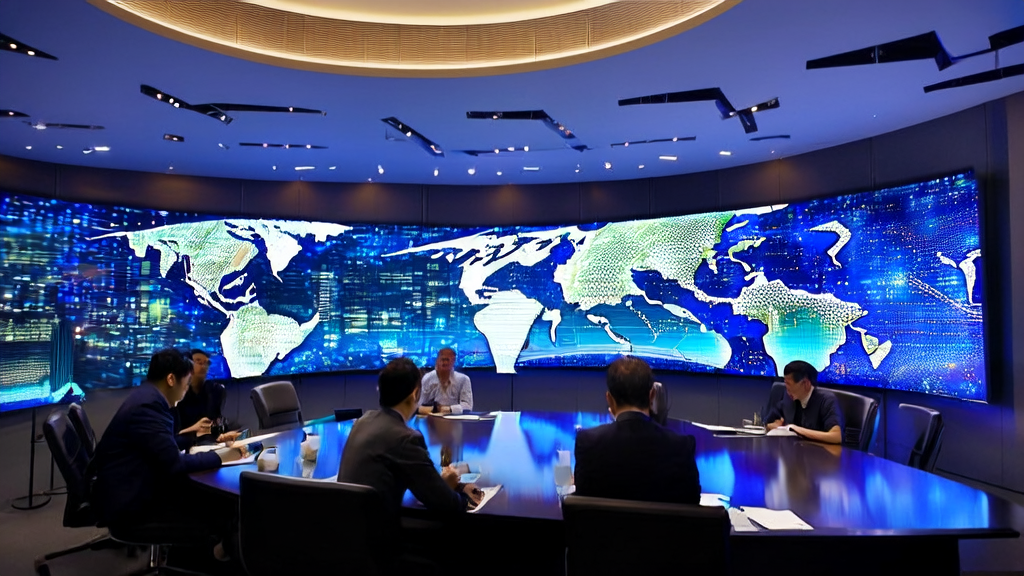 In a high-tech office, analysts are using AI customer prediction models to analyze global market data, with a bustling city night view outside the window.