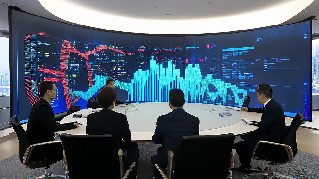 数据科学家在现代化办公室中使用AI客户预测模型分析客户数据，窗外是繁华的城市景观。