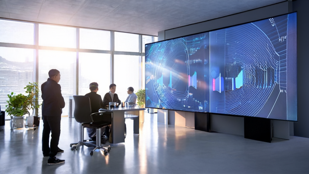 现代化办公室内的员工使用AI客户预测模型进行数据分析