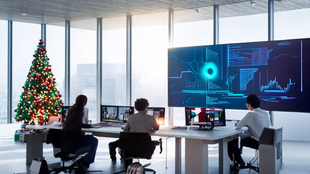 Modern office with employees using AI customer prediction model for data analysis, featuring a Christmas tree and holiday decorations