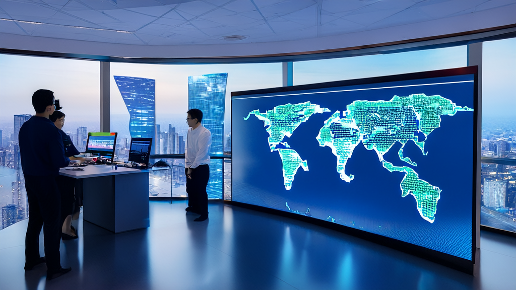 跨境电商团队在现代化办公室中使用AI客户预测模型进行数据分析和策略讨论