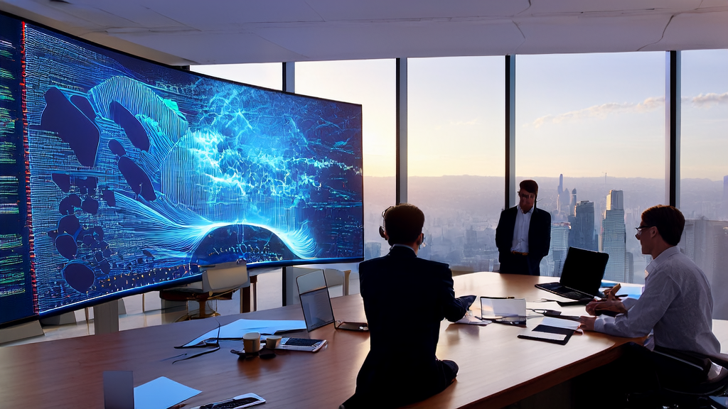 数据科学家们在办公室里讨论AI客户预测模型，分析高价值客户的特征，以减少无效市场投入。