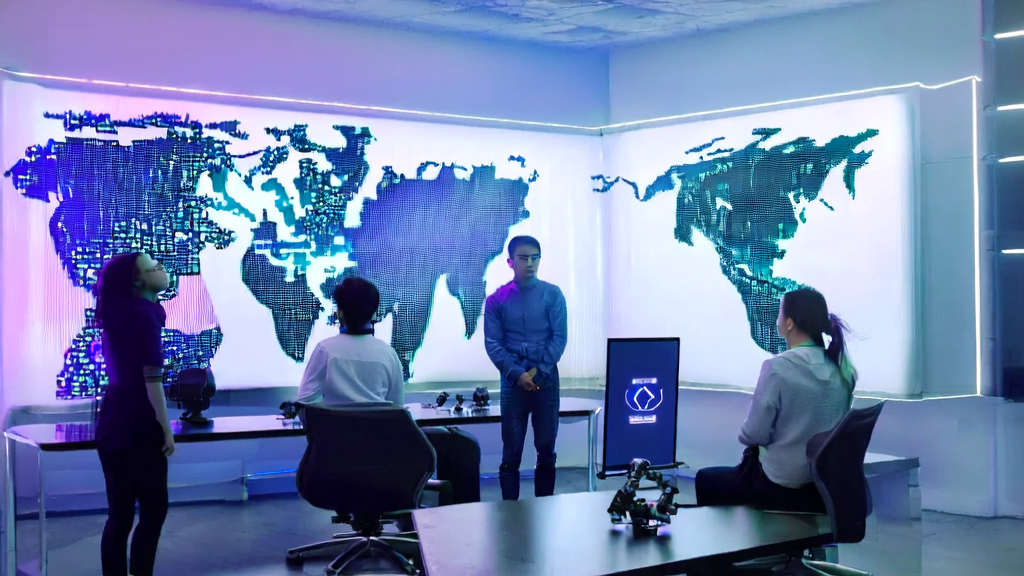 在充满科技感的办公室里,团队围绕AI客户预测模型热烈讨论,机器人辅助创作营销内容