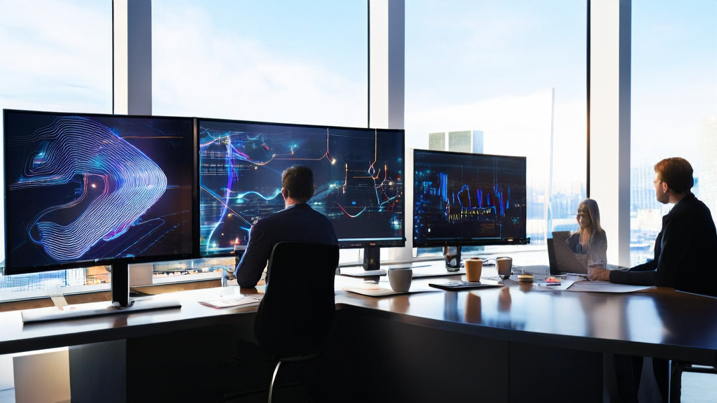 现代办公室内技术人员讨论AI客户预测模型与高通AI芯片的应用