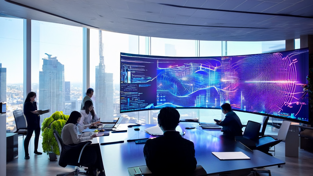 数据科学家在办公室讨论AI客户预测模型，窗外是繁华的城市景观