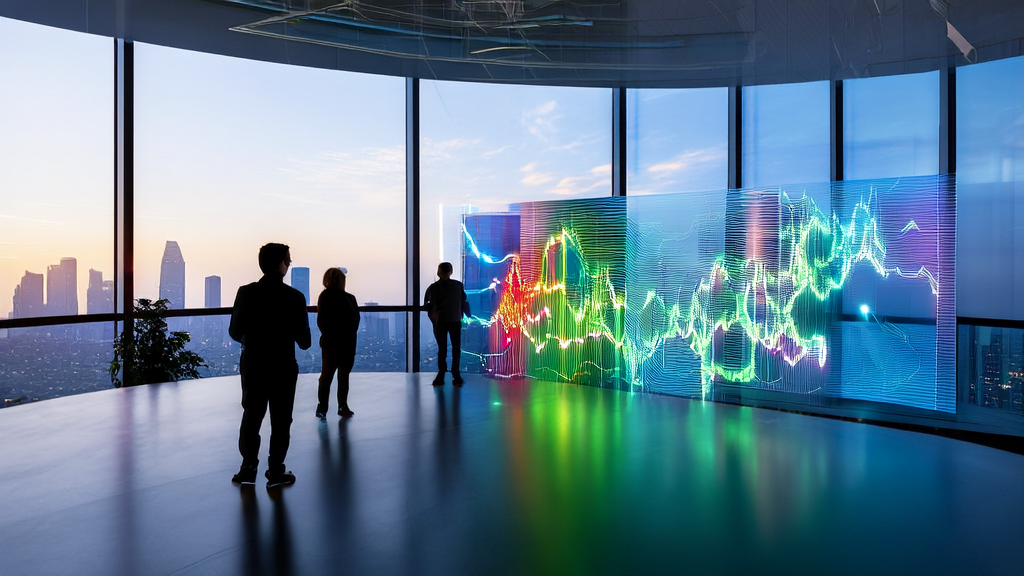 分析师在现代化办公室中讨论AI客户预测模型的结果