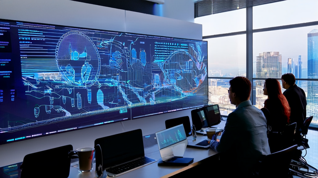 Data analysts using AI customer prediction model in a modern office environment